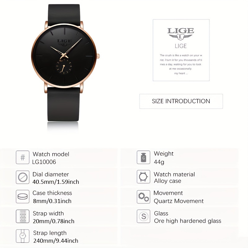 LIGE Black Stylish Quartz Watch, Comfortable Design