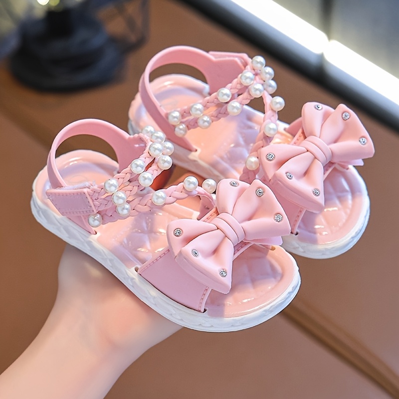 And Material Online, Floral Bow Tie Row Bead Girls' Princess Sandals, Easy Casual Lightweight Breathable Girls' Sandals, Thick-soled Wear-resistant, Solid Landing, Large Cool Slippers