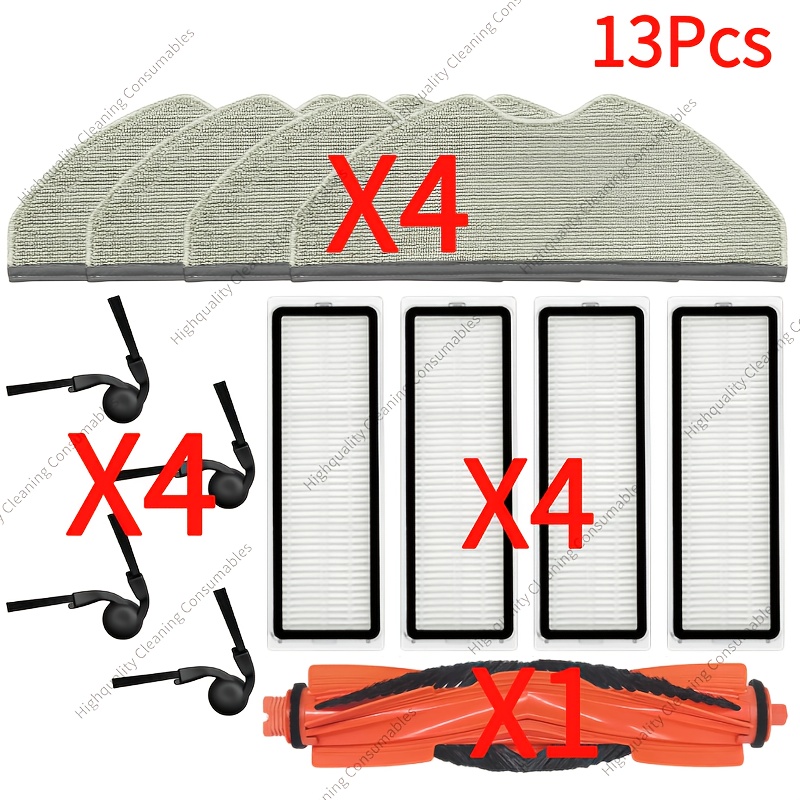 TEMU 13pcs Set Suitable For Xiaomi Robot Vacuum S40/ov81, Robot Vacuum Cleaning Accessories, Replacement Parts: 1 Main Brush, 4 Hepa Filters, 4 Side