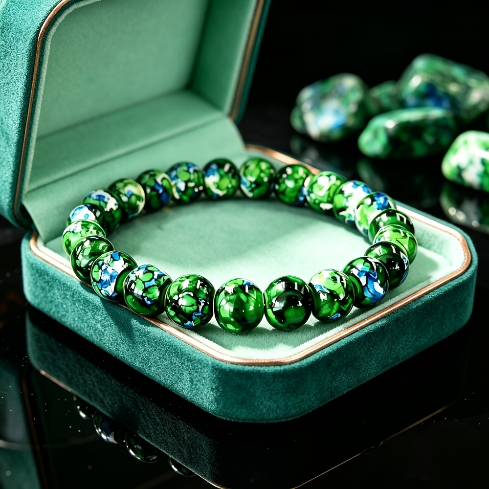 TEMU Pulsera Elástica de Cuentas de Piedra Fénix Natural, Brazalete de Piedra Natural con Azul-Verde Única, Accesorio de Regalo Diario Retro Unisex