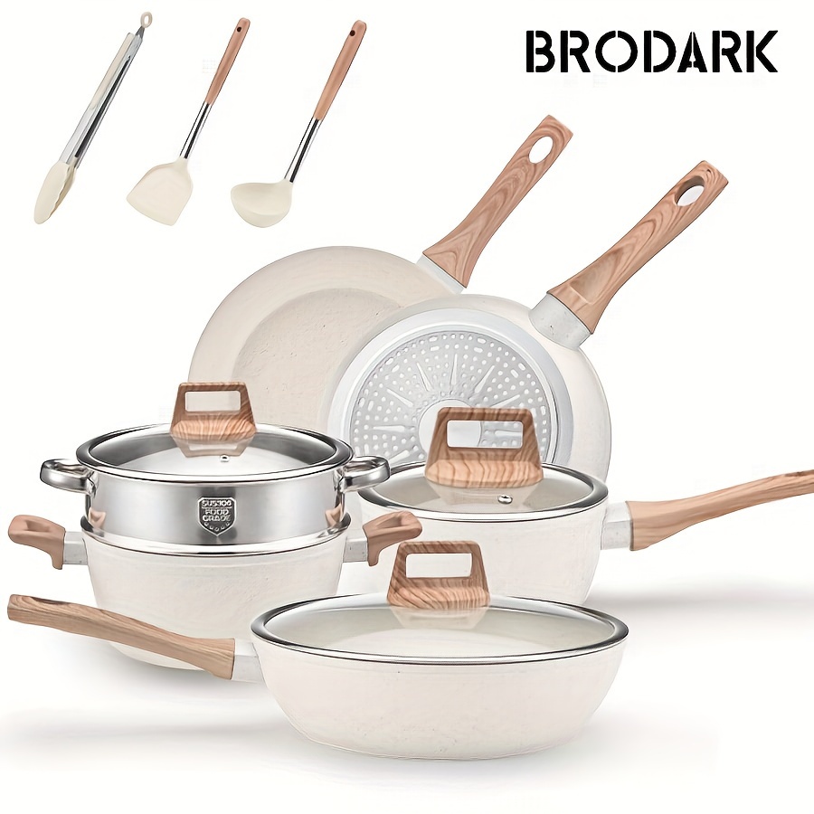 

Brodark 12pcs Granite Cookware Set With Wooden Handles - Rust-resistant Aluminum Pots & Pans, Includes Spoons & , Ideal For Gas Stovetops, Holiday-themed Design