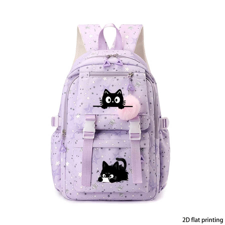 TEMU Creative Black Cat Pattern Printed Backpack, Large Capacity Casual Commuting Backpack, Adjustable Shoulder Straps, Suitable For Daily Commuting