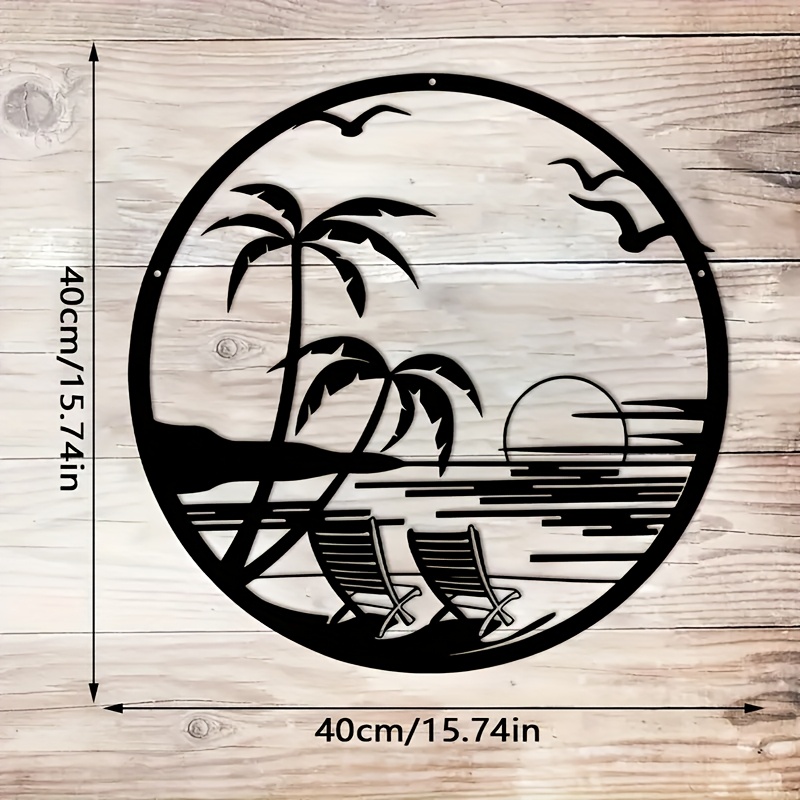 TEMU 2D Plat, Art Mural en Métal de de Plage - Silhouette d'Arbre de Palmier et Chaises Longues, Décoration en Fer Vibrant pour Intérieur/Extérieur,
