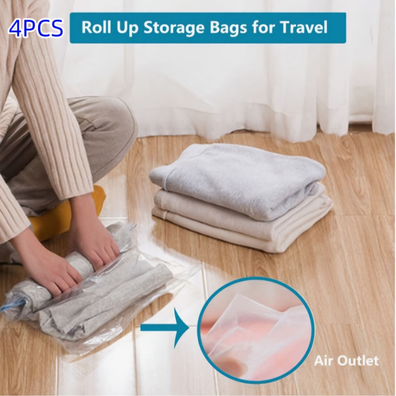 

4-pack Space Saver Bags, No Pump Vacuum Storage Bags, Roll-up Travel Organizer, Plastic Zipper Bags For Packing Clothes, Luggage, Backpacks - Rectangle Shape, Electricity-free Use