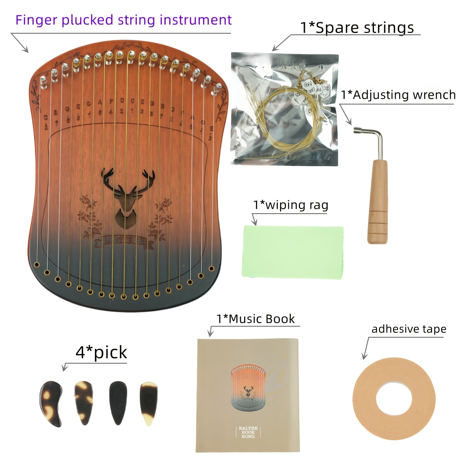 

17-string Finger - Thumb With Complete Accessory Kit, Mixed Colors, , Bronze Strings, Body