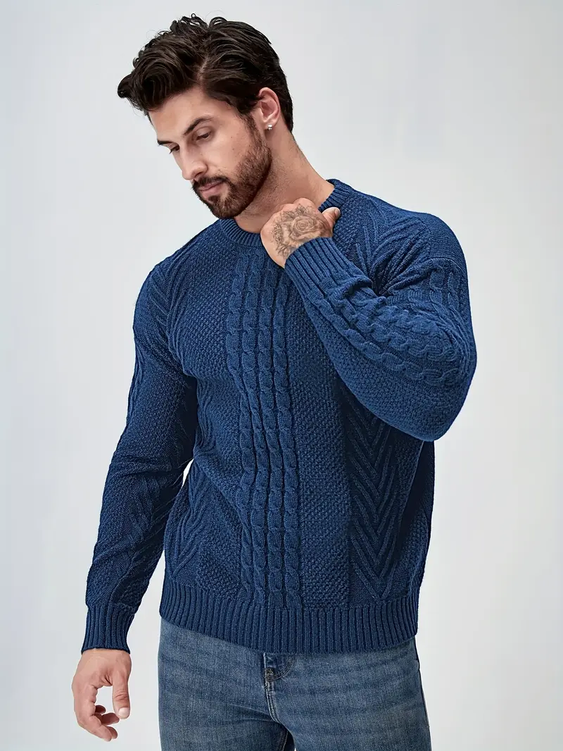mens winter warm knit sweater soft round neck long sleeve casual pullover solid color beige navy machine washable thick sweater jacket for cold weather office casual attire Product details 2