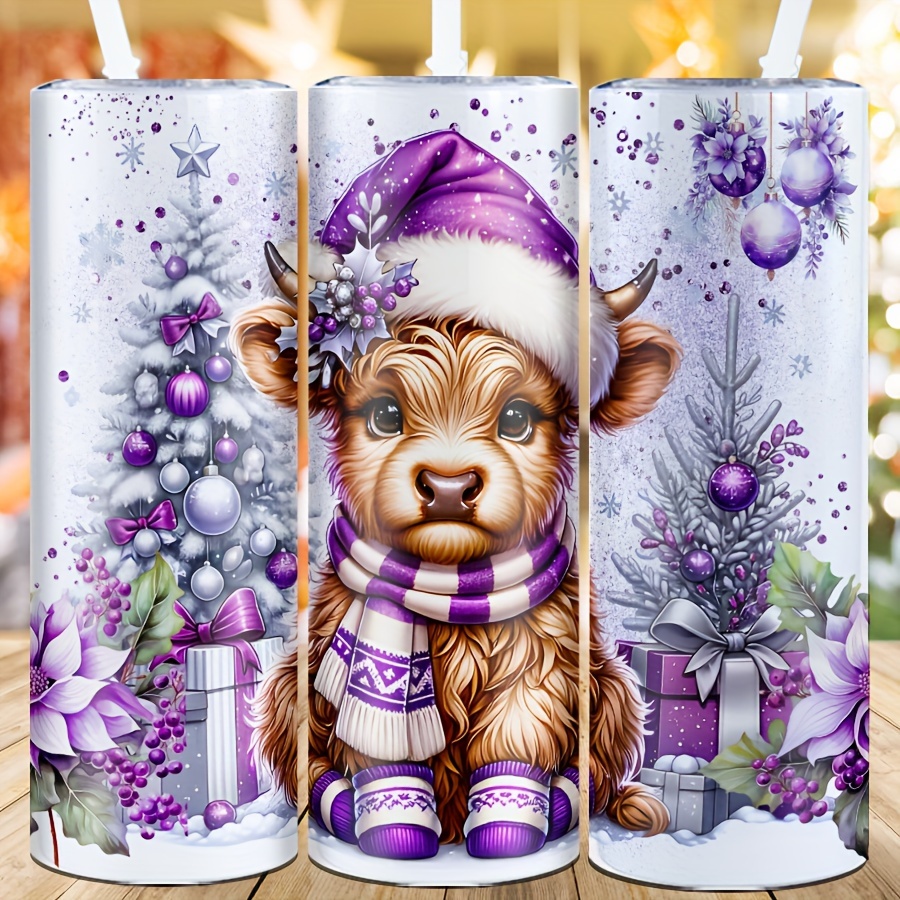 

20oz Stainless Steel Insulated Tumbler - Christmas Highland Cow & Tree Design, Slim Travel Coffee Cup With Lid And Straw For Outdoor, Camping, Car Use - Perfect Holiday Gift