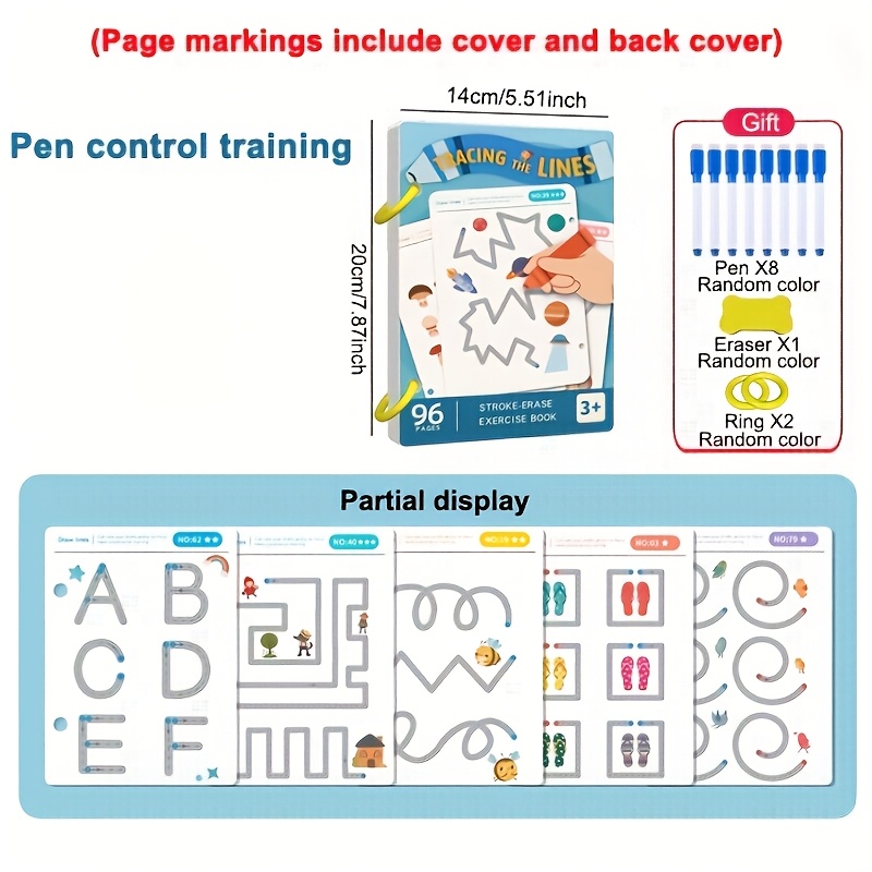 96-page Reusable Tracing Workbook For Educational Drawing And Pencil Control Training, Includes Pen And Eraser, Essential For Learning, Classroom Education, Birthday, Christmas, And Easter Gifts