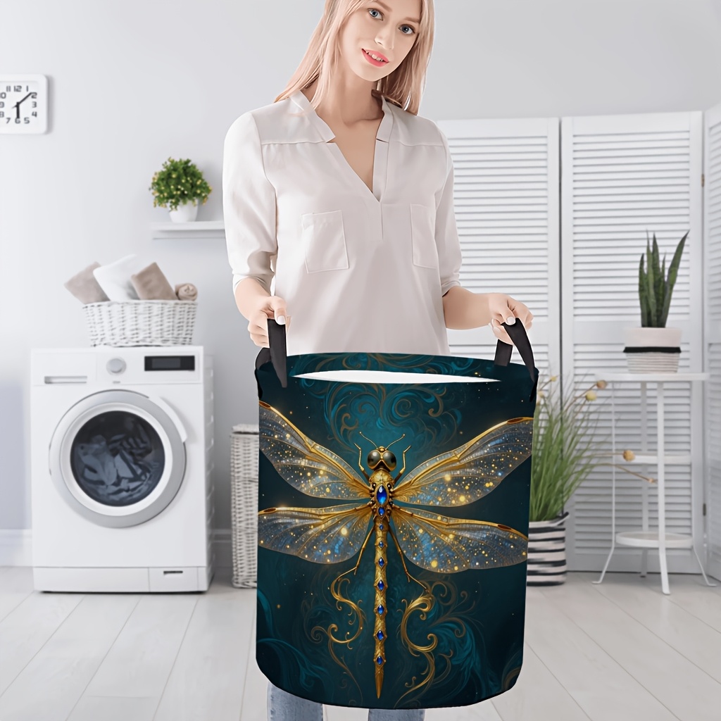 TEMU 1pc Elegant Laundry Basket With Ornate Wings - Dark Round Clothes Hamper Suitable For Bathroom, Bedroom, Dorm Storage, Space-saving Basket With