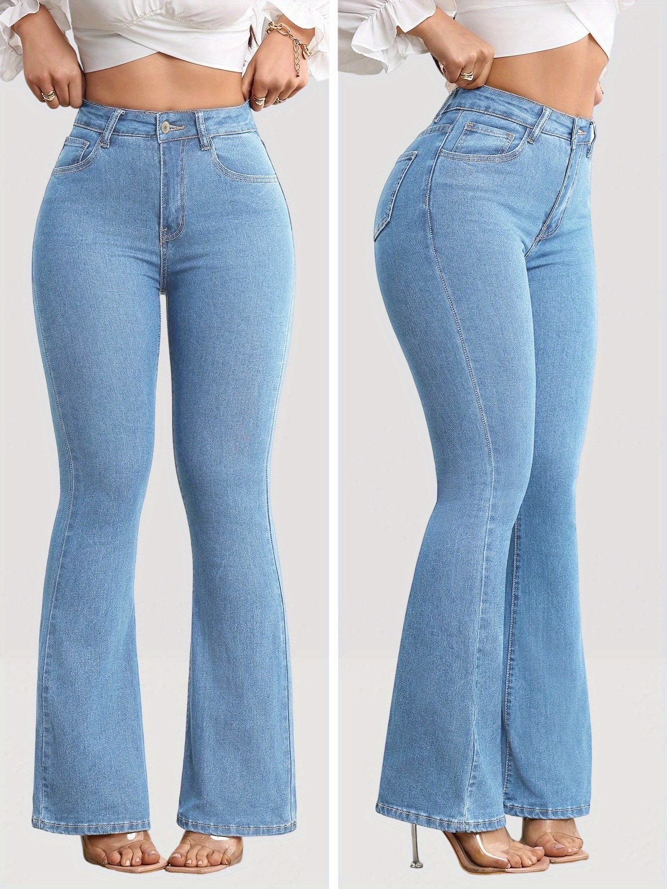 Light Blue Women'S Elastic Slim Fit Flared Jeans