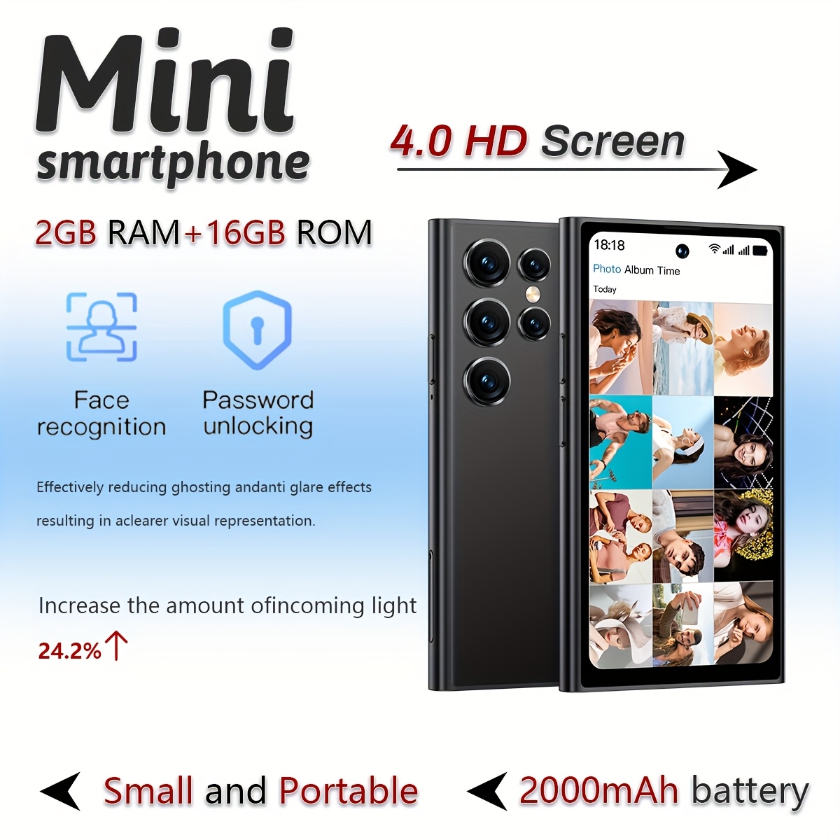 New Arrival ONEMYTH Mini Smartphone 4.0 Inch HD Display 3G Network 2000mAh Large Battery 2GB RAM 16GB ROM Max Support for 128GB TF (MicroSD) card Android 8.1 Dual SIM with Play Store Face recognition