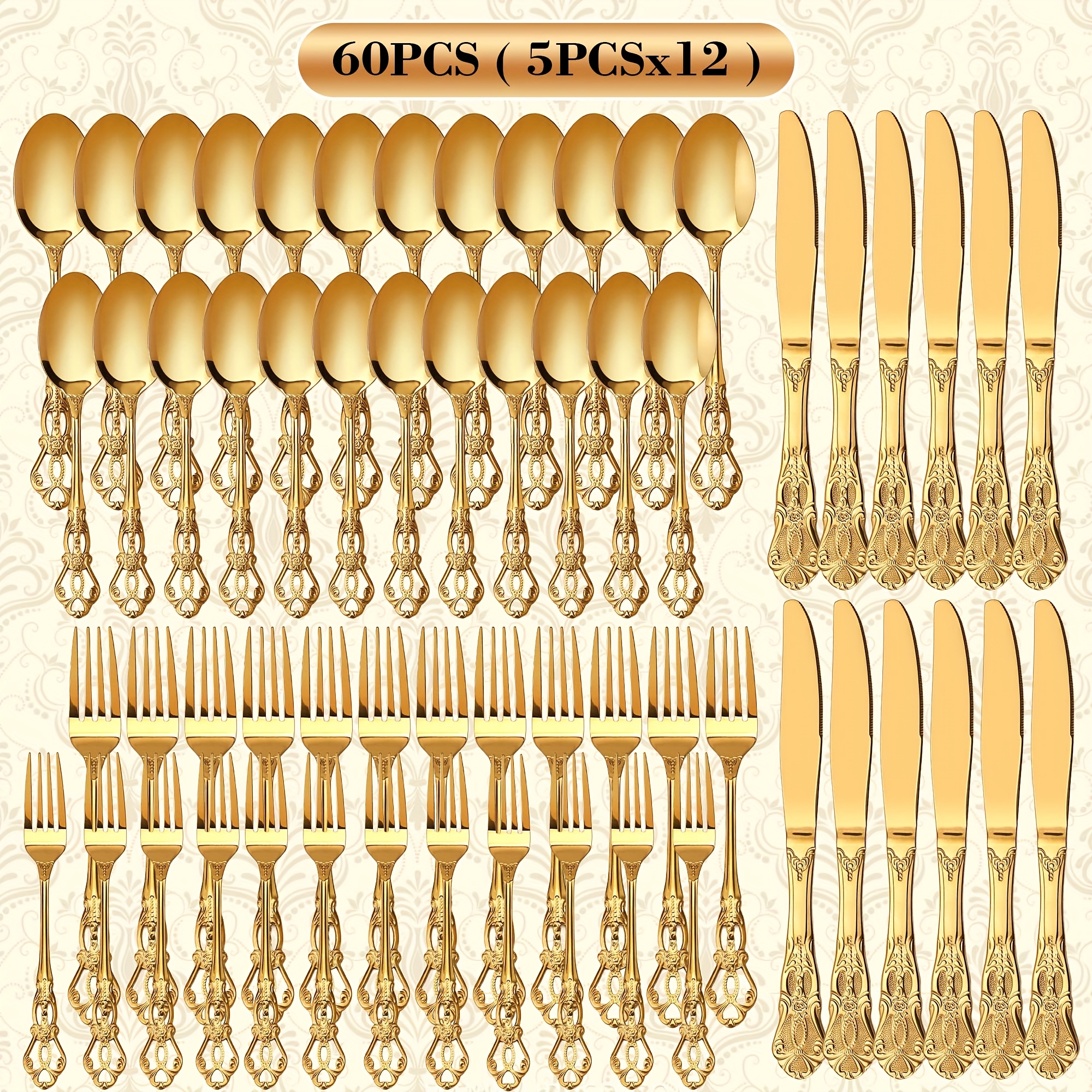 TEMU 30/60/84pcs Golden Silverware Set, 12-person Capacity, Suitable For Outdoor , Silverware Set, Birthday Parties, And Outdoor Barbecues. Kitchen