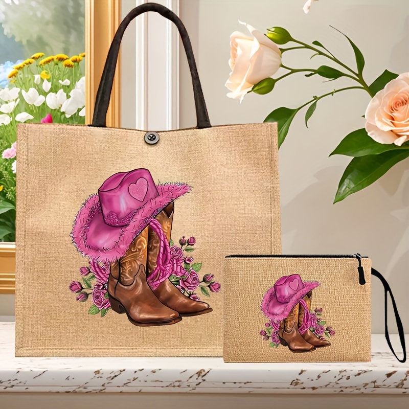 

2pcs Women's Large Capacity Fashion Tote Bag And Mini Purse Set, Stylish Pink Cowboy Hat And Boots Design Bag For Travel Outfits