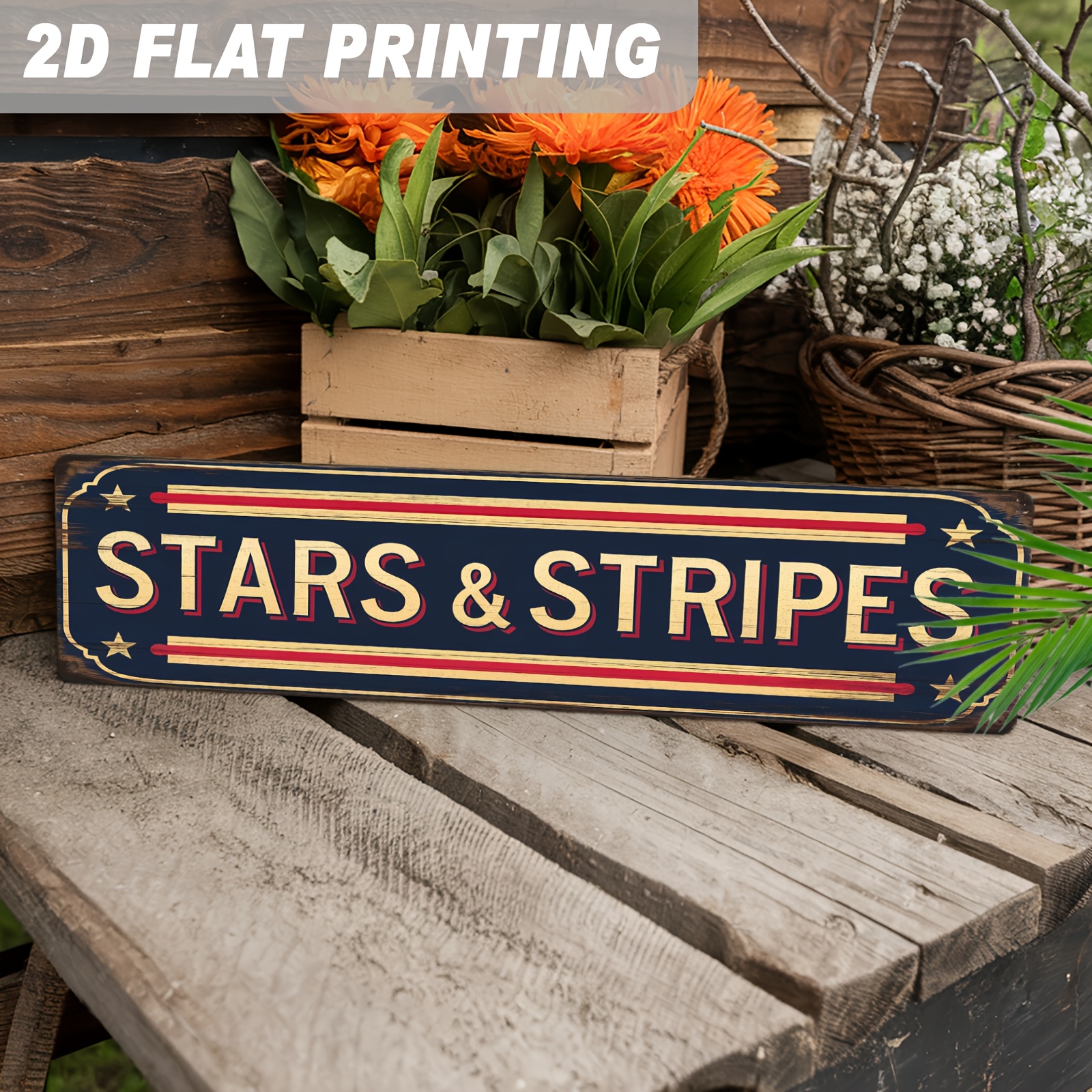 TEMU 2d Flat 1pc, Stars And Stripes Metal Sign Patriotic Theme Wall Hanging Vintage Rustic Decor For Day, Memorial Day, Decorative Signs And Plaques