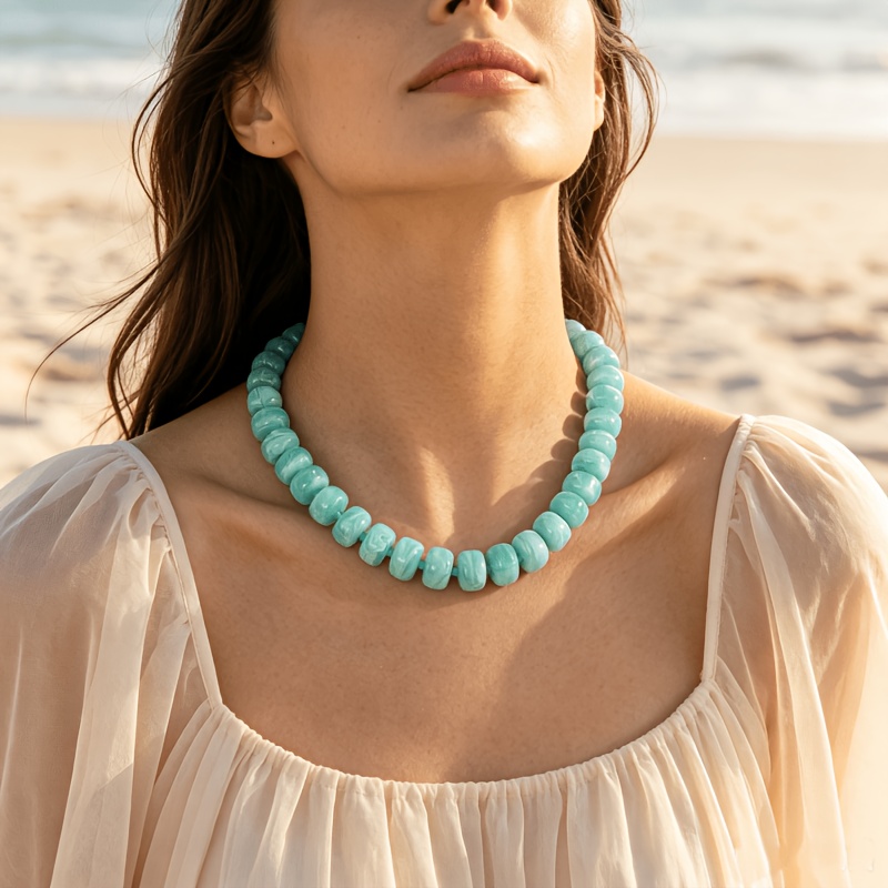 TEMU 1pc Bohemian Style Lake Blue Abacus Bead Handmade Women's Choker Acrylic Beaded Neck-cling Necklace