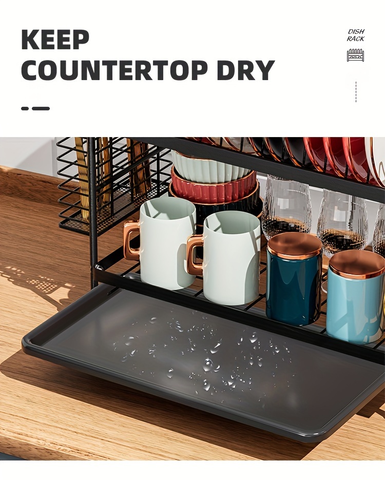 1шт. сушилка для посуды на столе, двухъярусная сушилка с поддоном для слива и держателем для губки, многофункциональная экономящая место стойка для хранения посуды для вилок, палочек для еды, разделочных досок, мочалок, кухонных аксессуаров, детали 5