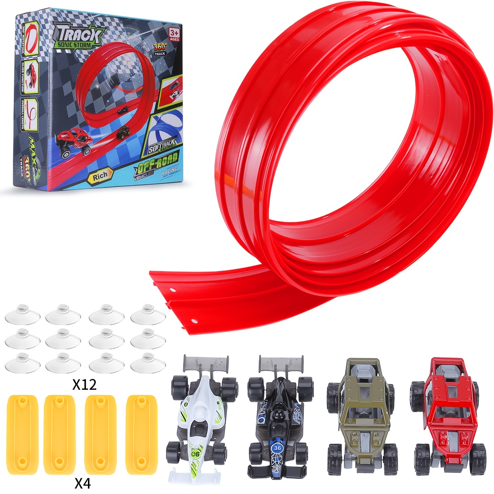 Image of Flexible Track Toy Car Set, Elastic Racing With Suction Cup - Foldable, Portable Racing Track Compatible With Die Casting 1/64 Car Models - Birthday Gift For Boys And Girls Over