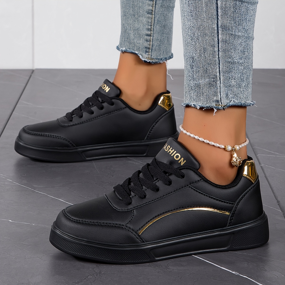 sneakers black and gold ladies shoes Fashion Women'S Casual Black Sneakers with Golden Accents Lightweight  Casual Athletic Shoes, PU Upper And EVA Sole Comfortable Fabric Lining,  Casual Perfect Christmas Gift for Clothing, Women