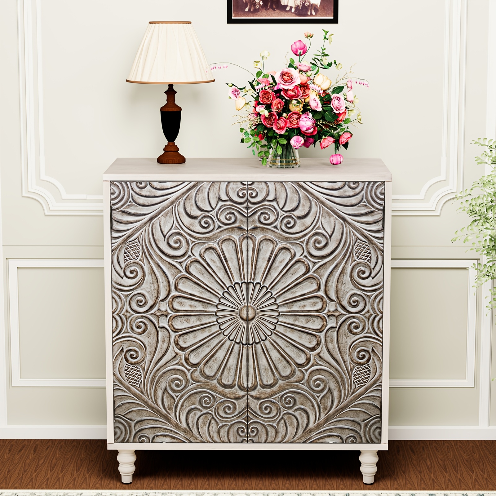 Vintage Carved Door Accent Cabinet with Adjustable Shelves & Suitable for Small Spaces - Compact Grey Storage Sideboard Buffet, -Standing Engineered Wood Furniture for Living Room, Dining Room, Entryway, Assembly