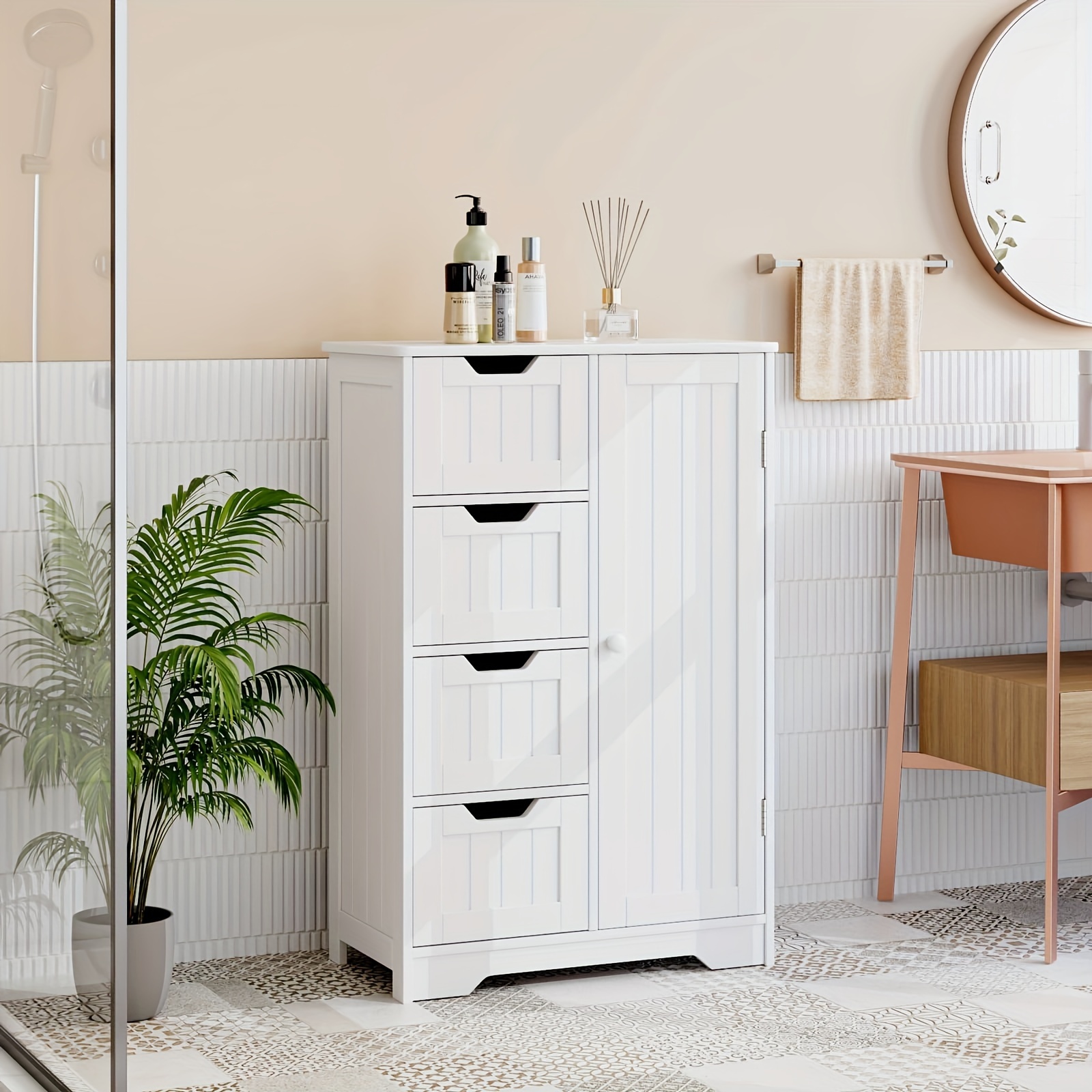 

Fultru Bathroom Floor Cabinet, Freestanding Storage Cabinet With 4 Drawers & 1 Cupboard, Adjustable Shelf For Bathroom Entryway Living Room, White
