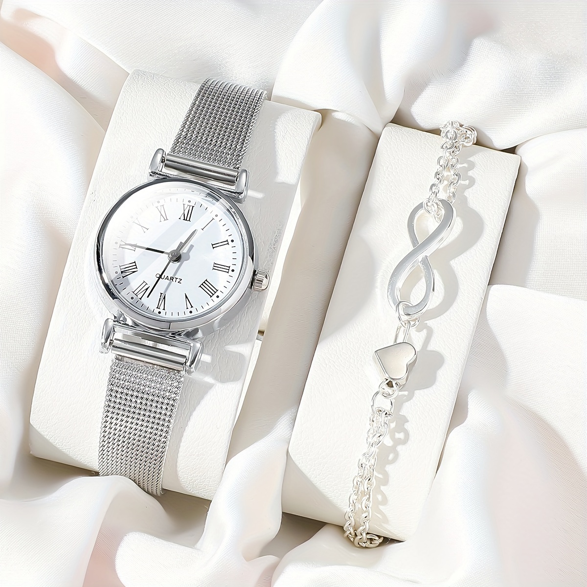 

2pcs/set Women's Casual Business Quartz Watch Analog Mesh Band Wrist Watch & Heart Bracelet, Gift For Daily Use Her