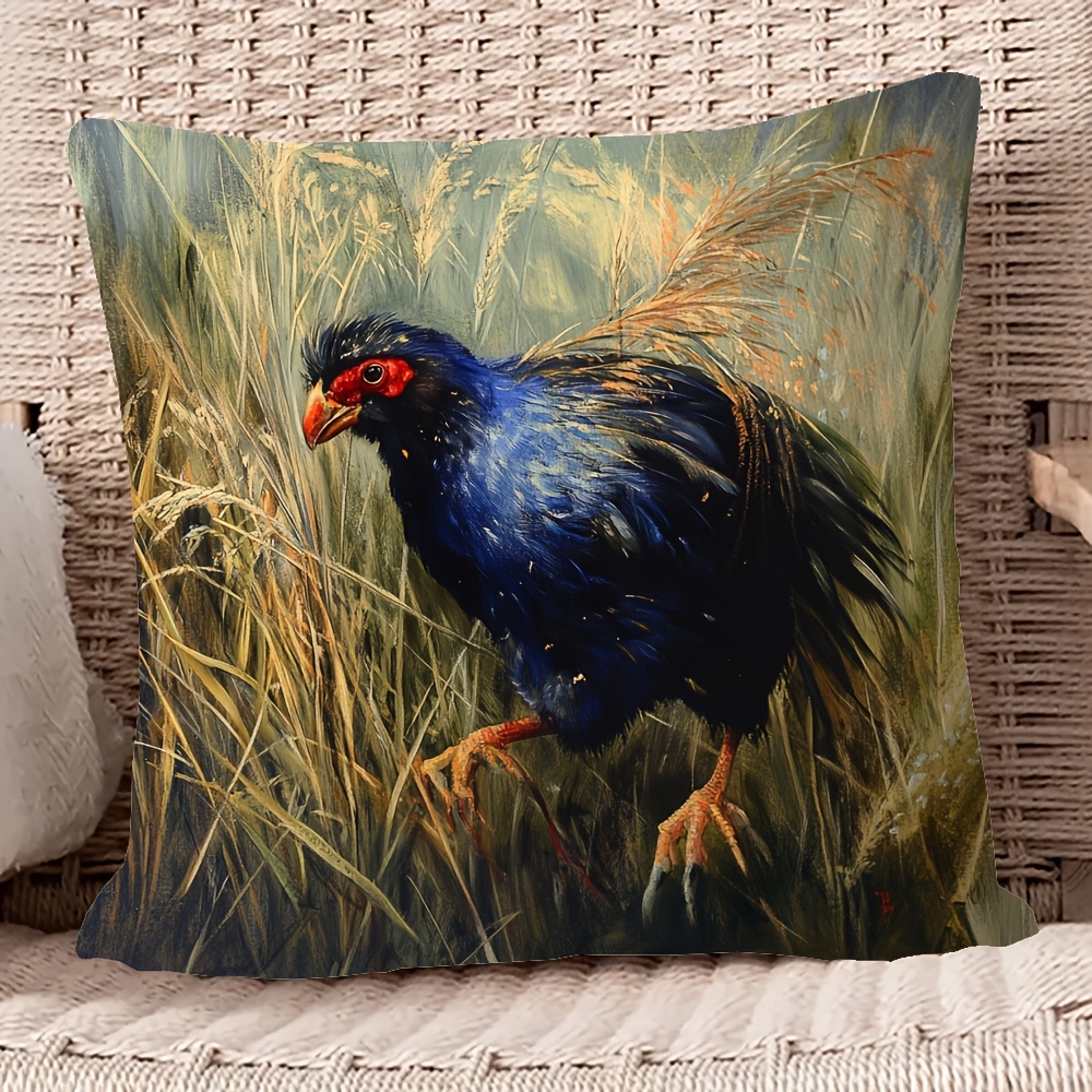 TEMU 1pc, Takahe Through Grasses Double-sided Printed Short Plush Pillow Cover, 18x18inch, Suitable For Sofa Living Room Bedroom, No Pillow Core, 2d