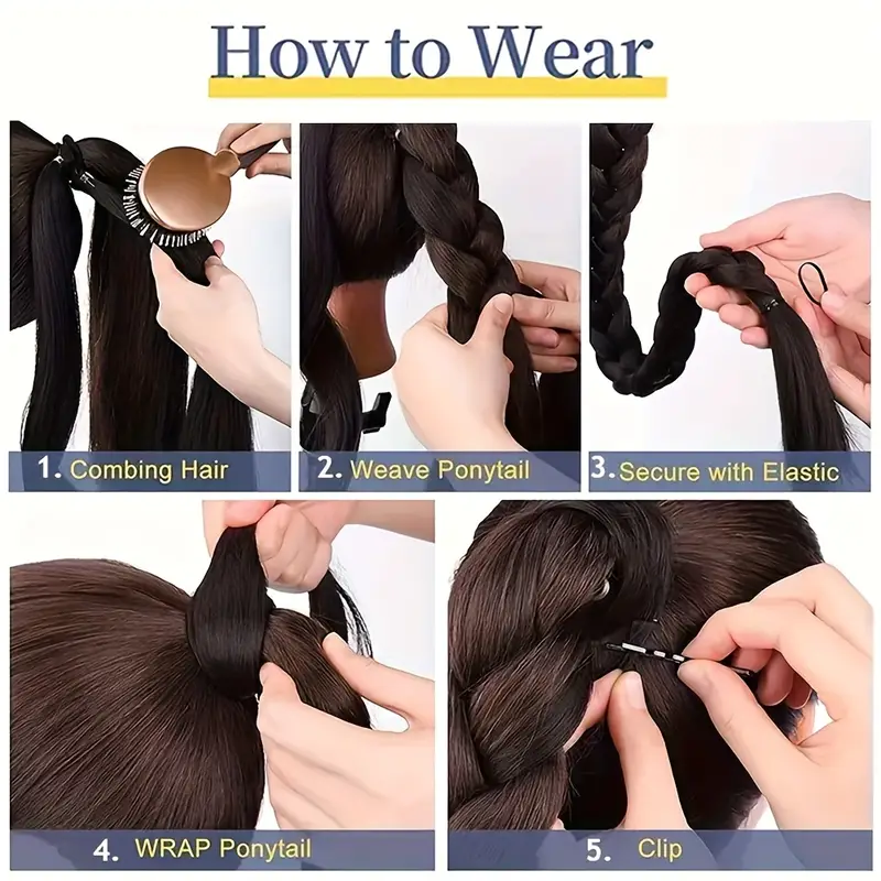 1pc elegant 32 inch long straight braid ponytail extension high temperature fiber synthetic hairpiece with elastic tie for women daily use versatile hairpiece elegant braid elastic tie attachment hair accessories details 1