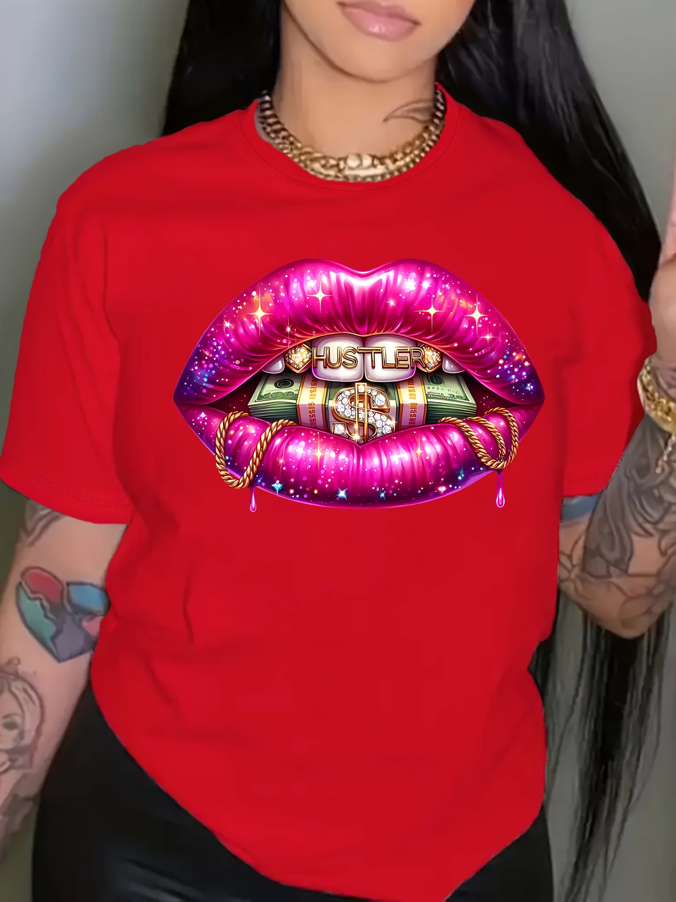 kvinnelige rosa dollars grafisk tee casual crew - Temu Norway, image size:800x1067