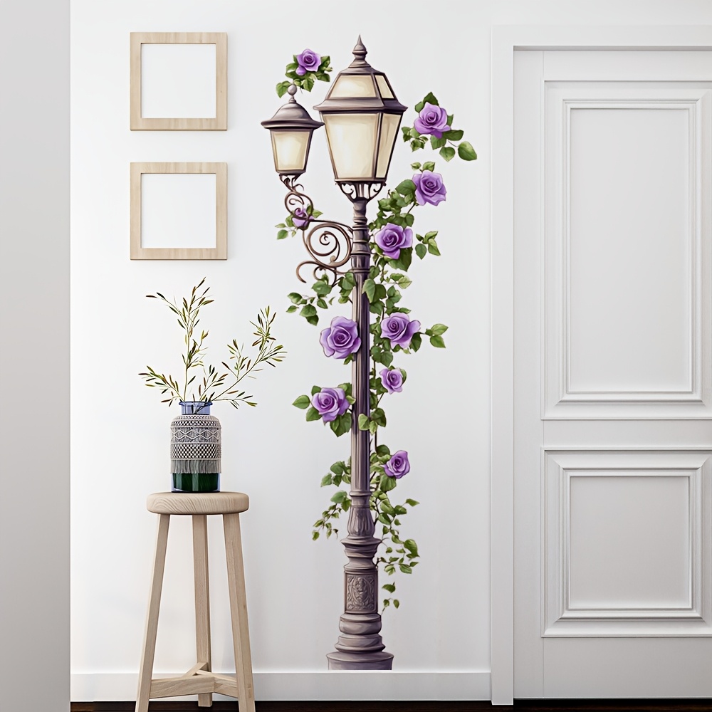 Cartoon Aesthetic Violet Flower Street Lamp Self-adhesive Wall Sticker Ins Girl Style Background Wall Decoration Sticker