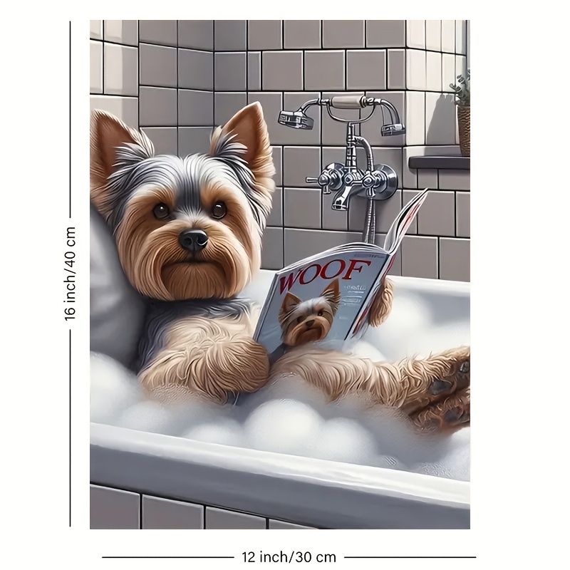 TEMU 2d Flat, Yorkie Terrier In Bathtub Canvas Art Print – Frameless Wall Decor With "" Newspaper Design, Perfect For Home, Bedroom, Living Room, Or