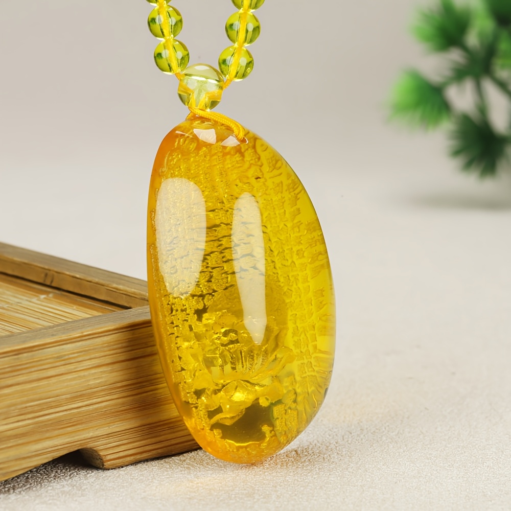 Natural Amber Carved Lotus Sutra Pendant, Unisex Gift