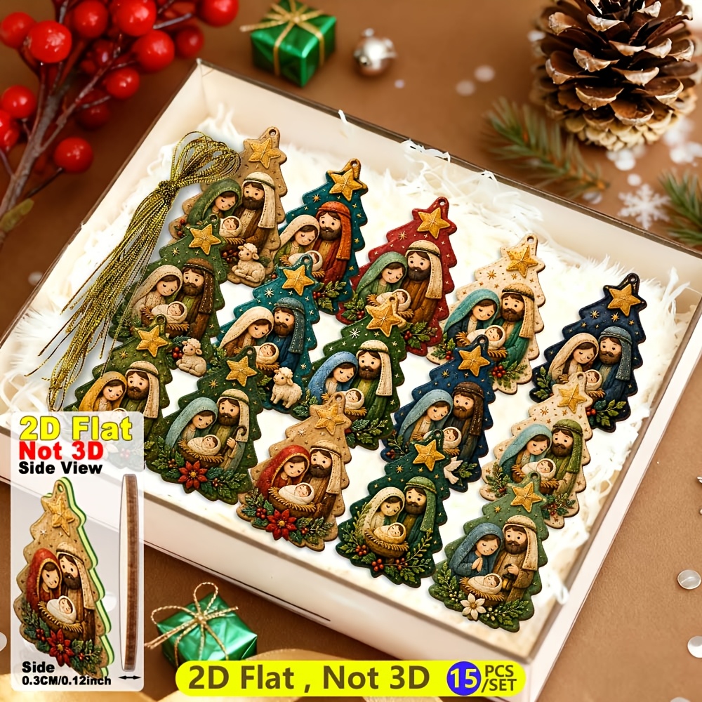 TEMU 2d Flat 15pcs Wooden Christmas Theme Hanging Ornaments, Tree-shaped Design With Warm Christmas Tree And Nativity Scene, Suitable For Christmas,