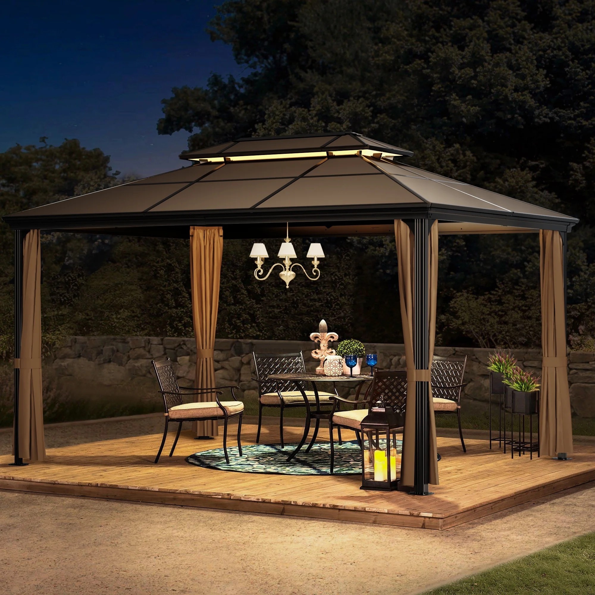 GUNJI 10' x 13' Hardtop Gazebo with Black Polycarbonate Roof & Aluminum Frame Netting - Durable Weather-Resistant Outdoor Furniture, Lattice Design for Privacy & Sun Protection, Patio Cover, Modern Aesthetic, Sturdy Construction, Garden Enthusiasts