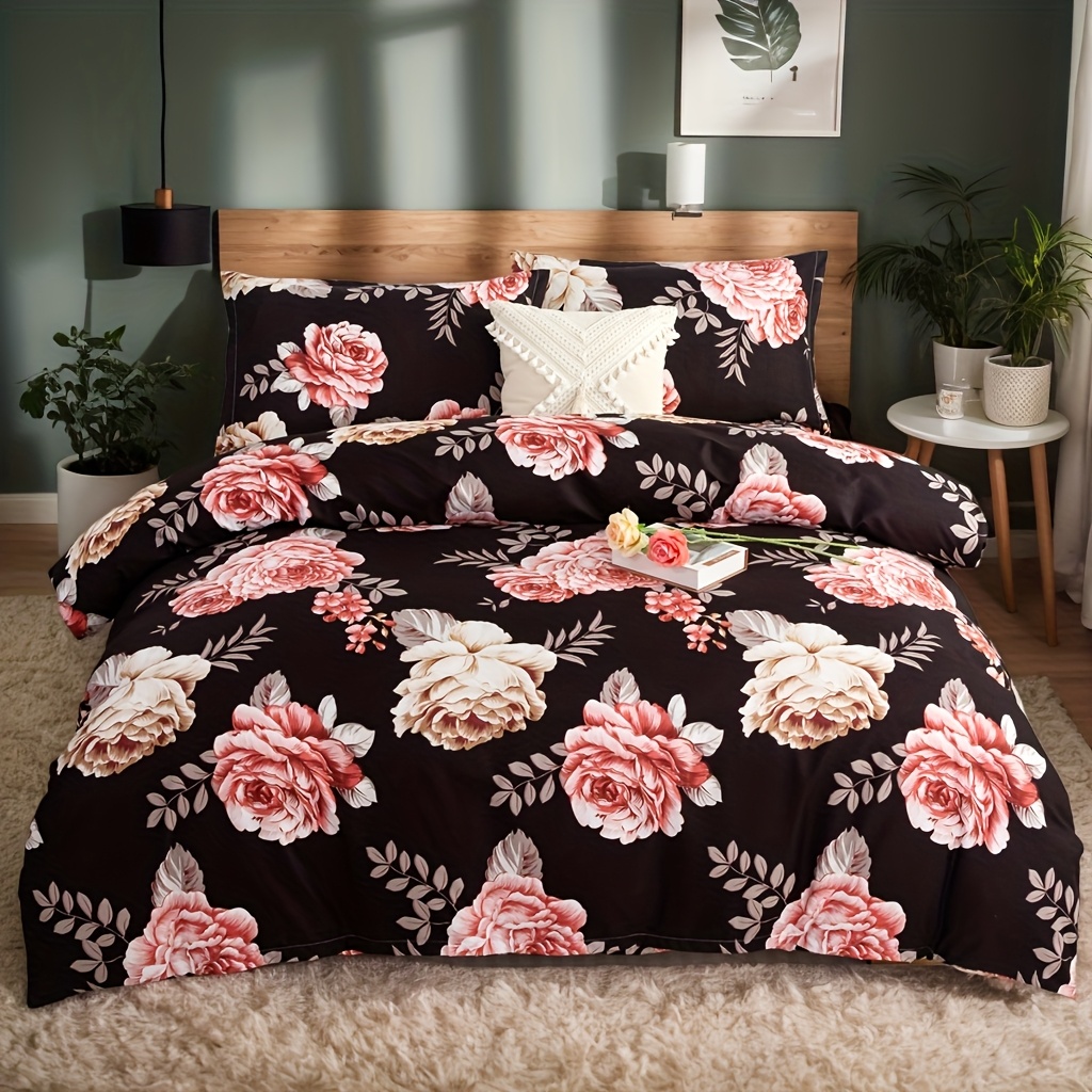 Flowers Black Background Cozy Pastoral Style 3pcs Set (1pc Duvet Cover, 2pcs Pillowcases, No Core)