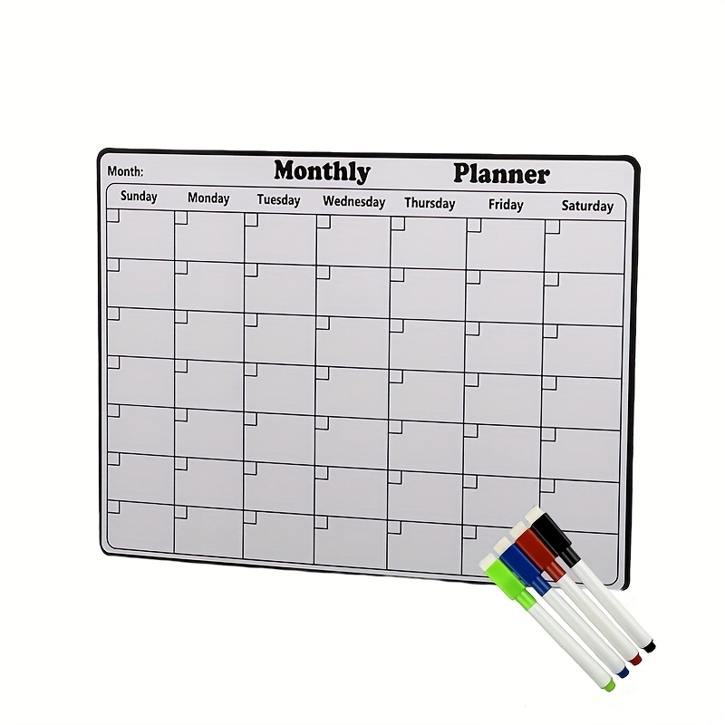 Magnetic Horizontal Dry Erase Planning Board With 4pcs Whiteboard Markers (random Colors), Refrigerator Compatible, Weekly Monthly Layout, Kitchen Home Office Organization Helper