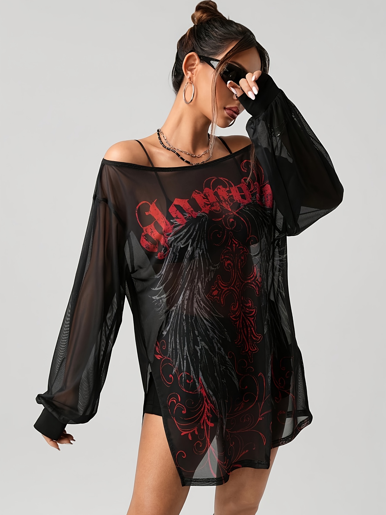 vintage punk print mesh sheer shoulder slit mini - Temu