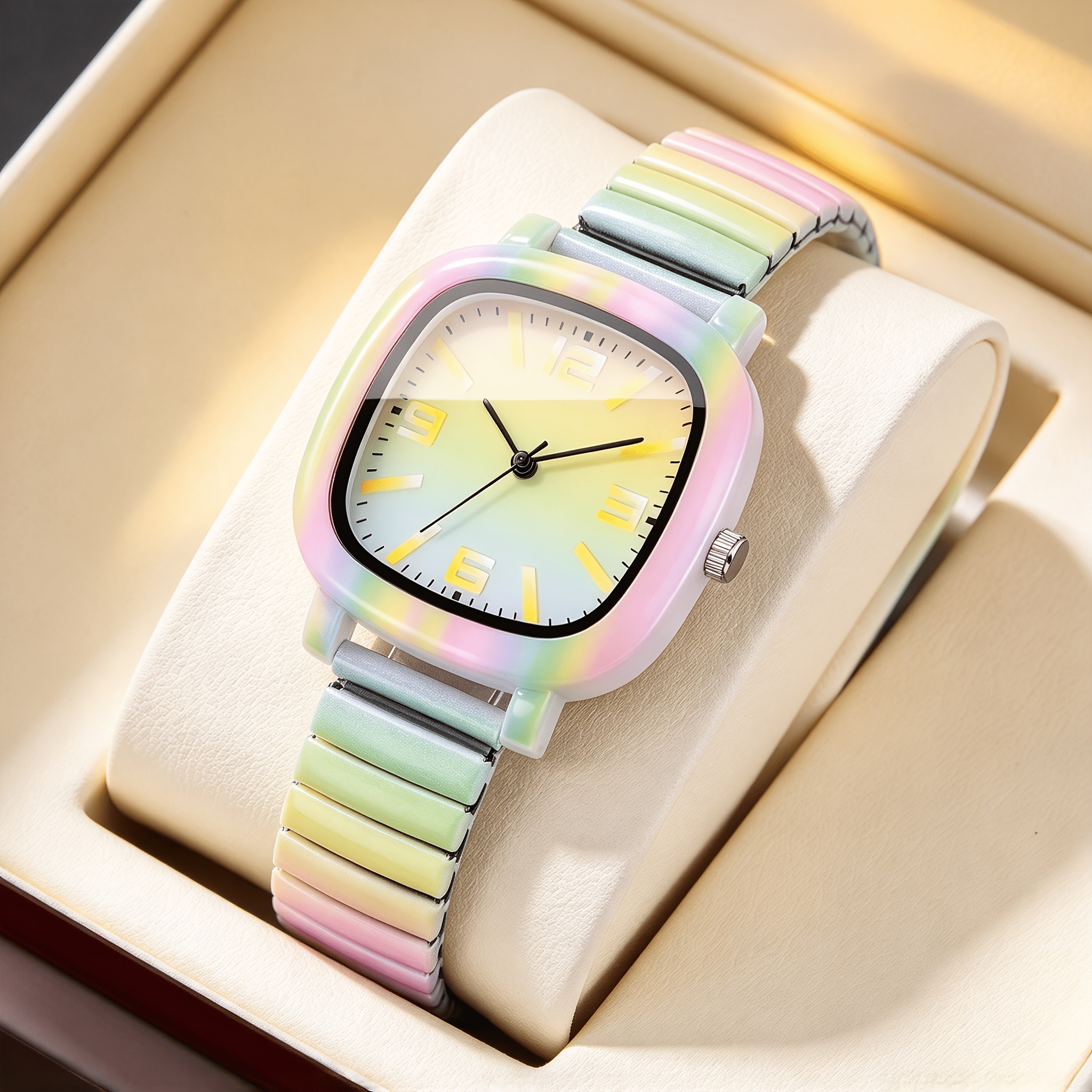 Image of Ladies' Square Gradient Quartz Watch With Elastic Stretch Band, Gradient Color Dial, Niche Design Wristwatch, Exquisite Gift For Girlfriend, 1pc/set, Watch Box Not Included