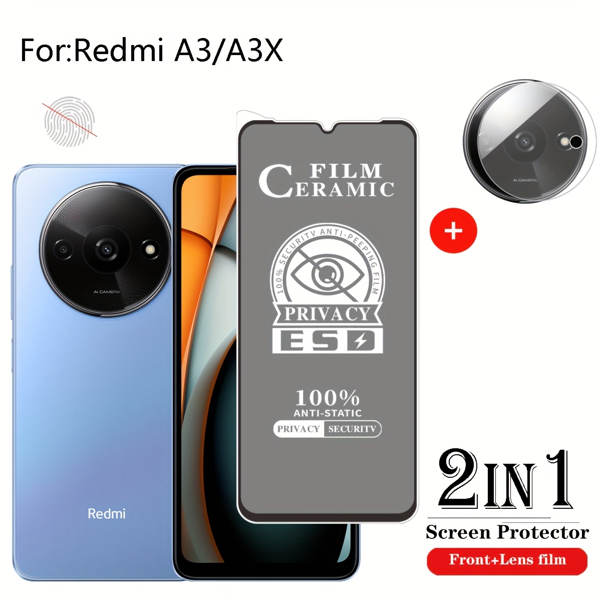 E-shop Schutzfolie für Xiaomi Redmi A3 und A3X Hautschutz Privatsphäre Keramik Gehärtetes Glas + Objektivschutzfolie, Zwei-in-Eins, Anti-Spionage,