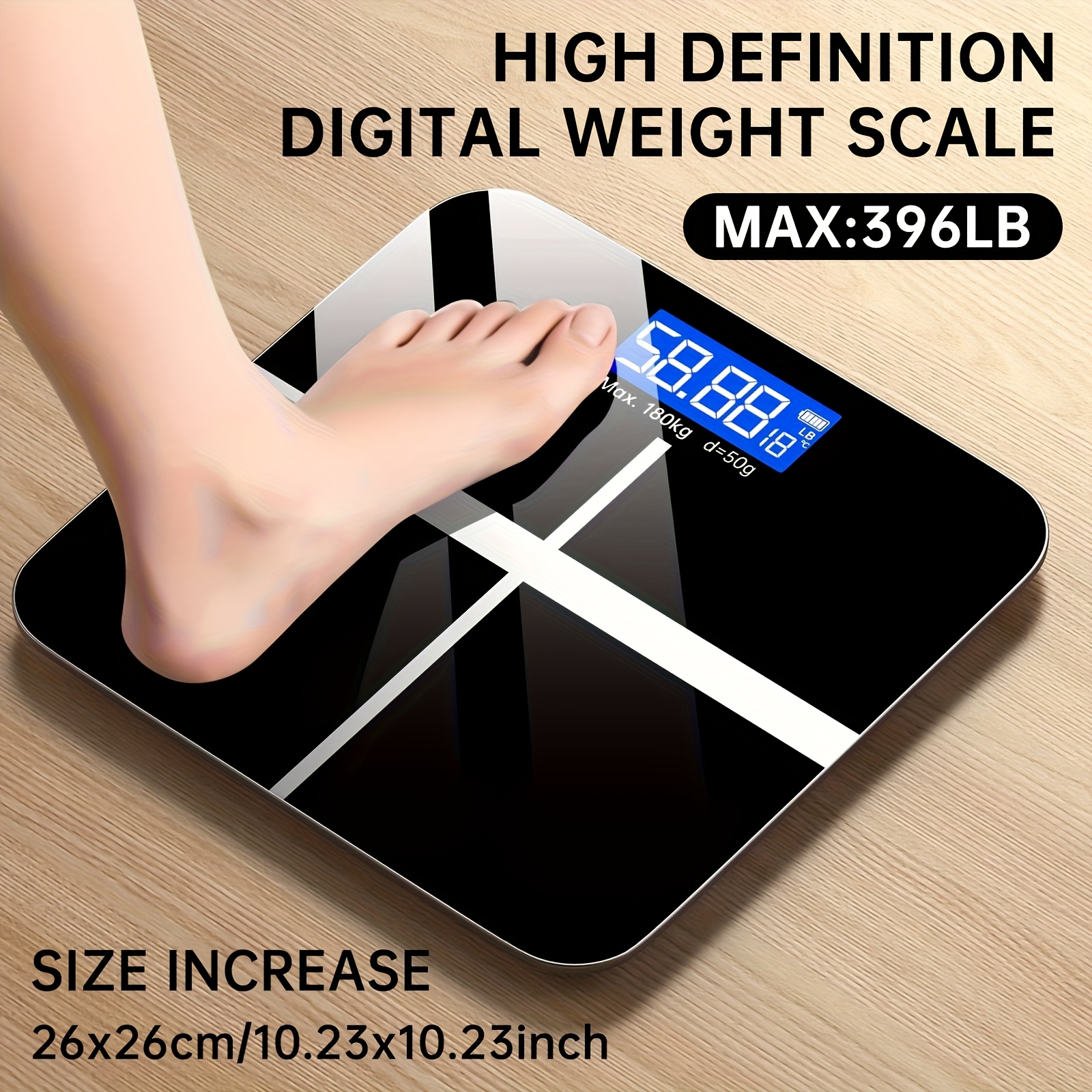 A Weighing Scale with a Capacity of 396 Pounds/ 180 Kilograms Equipped with an LED Backlit Display Screen and Tempered Glass, Designed Specifically for Personal Weighing. This Compact Scale Is Suitable for Home and Fitness Use, and Is an Ideal Choice