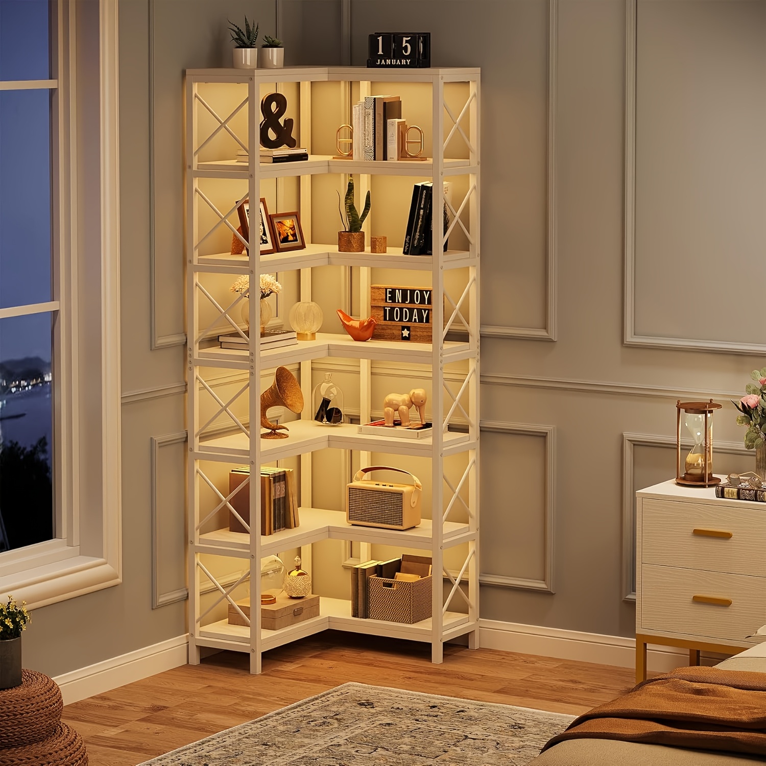 7 Shelf Corner Bookcase, Industrial Large Corner Bookshelf, 7-tier Tall Corner Shelf Storage Display Rack With Metal Frame For Living Room Home Office, White