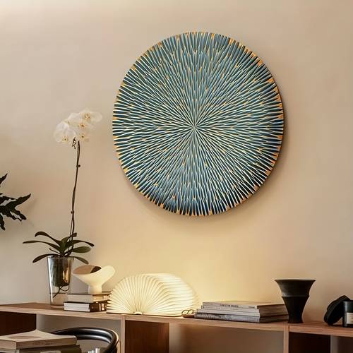 round decorative painting blue and golden for living room bedroom kitchen dorm indoor home decor wall scenes hooks ready to hang modern bohemian style wooden artwork