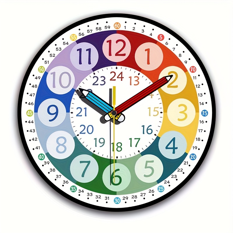 E-shop 12-Stunden-/24-Stunden-Anzeige Lehrer-Wanduhr, leise und stumm, farbige Bleistiftzeiger mit großen Zahlen für einfaches Lesen, geeignet für