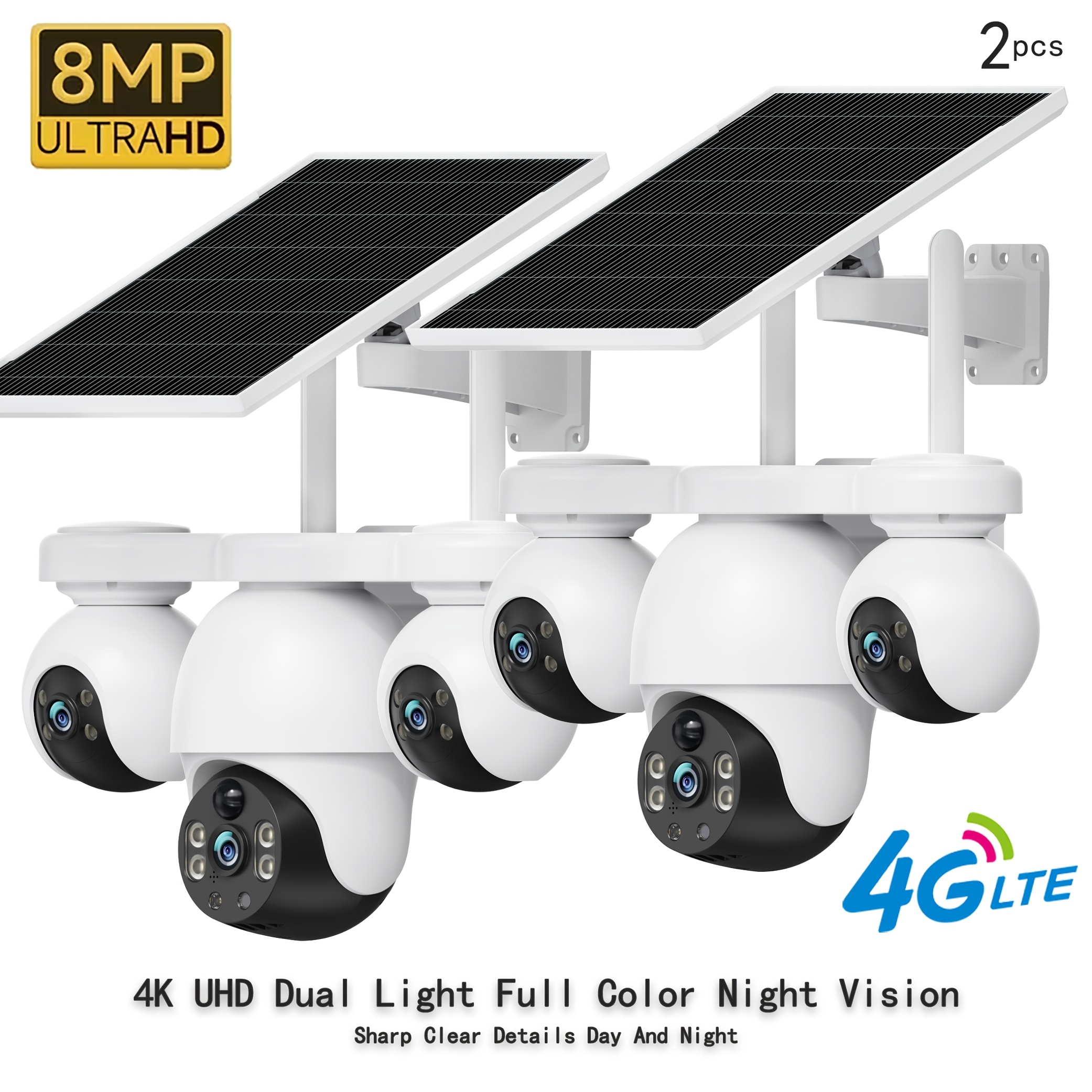 2pcs 4g/wi-fi 8mp Ultra Hd Solar-powered Security Camera, Supports 360° Rotation And 90° Tilt, Motion Tracking, Human Detection, Supply Of Battery And Solar Power, Eliminating The Of Wiring.