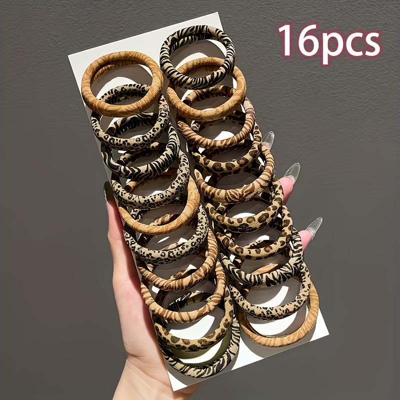TEMU 16pcs Leopard Print Hair Ties For Women - Thick Hair Friendly, Elastic Hair Bands With -like Stripe & Tortoiseshell Patterns, Bulk Bundle For Ponytails, Buns, Braids - Durable Hair