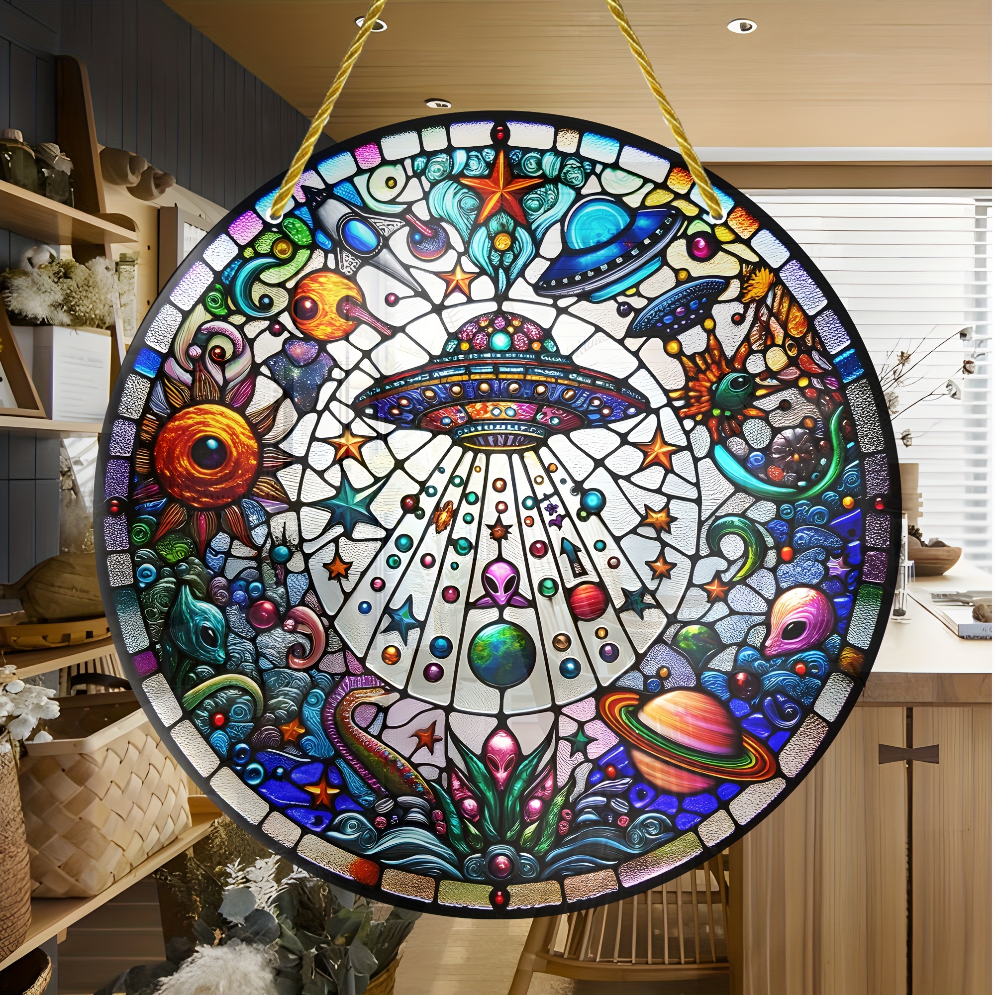 

Ufo & Alien Sun Catcher Wall Art - 8"x8" Indoor/outdoor Decor For Home, Office, Patio | Perfect For Bedroom, Porch, Garland | Unique Birthday Or Housewarming Gift