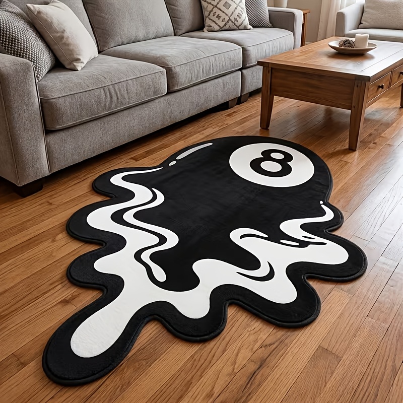 TEMU 1pc 850g/㎡ Creative Melted Black 8 Billiard Irregularly Shaped Rug, Style Decorative Floor Mat For Bedroom And Living Room, Irregular Carpet.