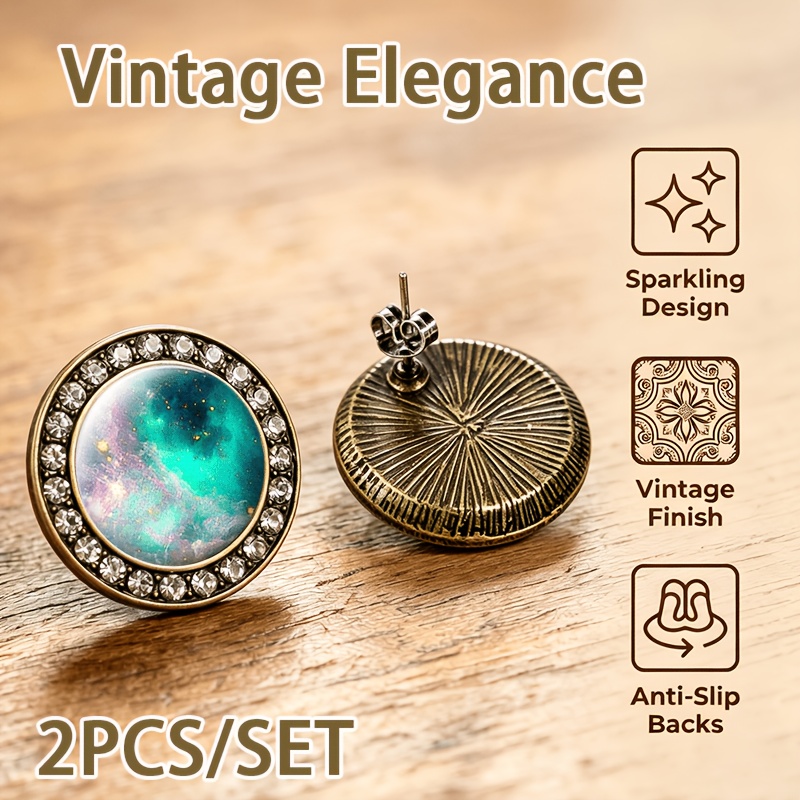 2pcs Transparent Glass Inlaid Stud Earrings Set, Circular Pattern