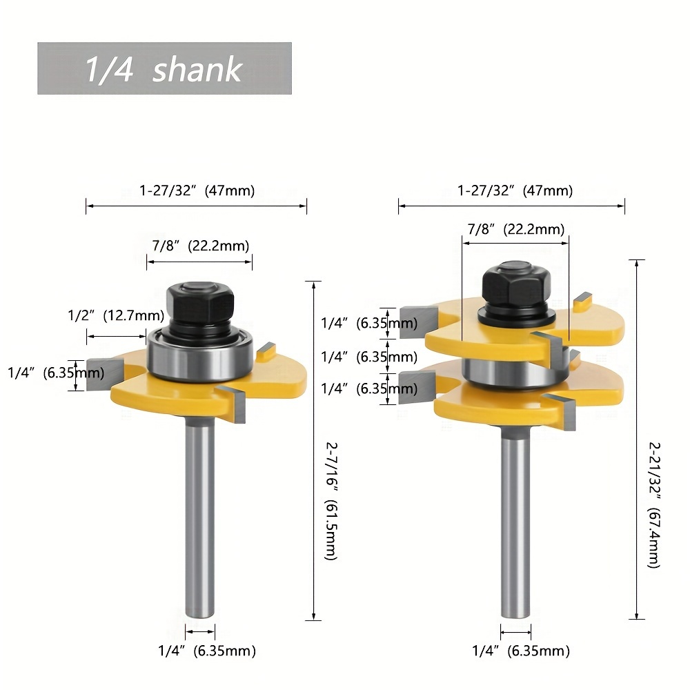 TEMU 1/4 Inch Shank T-slot Cutter Router Bit, 6.35mm 3-tooth T-type Tenon Cutter For Woodworking, Carbon Steel Material