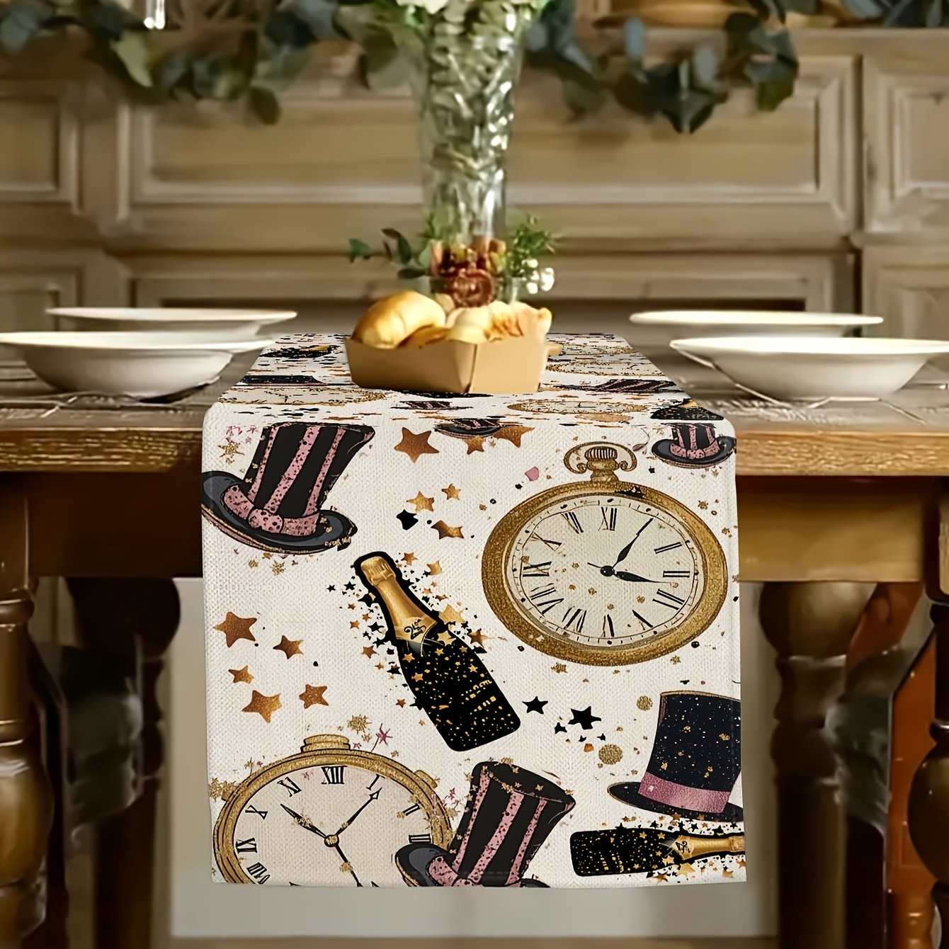 TEMU 1pc Champagne And Clock Design Table Flag, Suitable For New Year Celebration Parties And Dining Decorations, Kitchen And Restaurant Decor, 2d