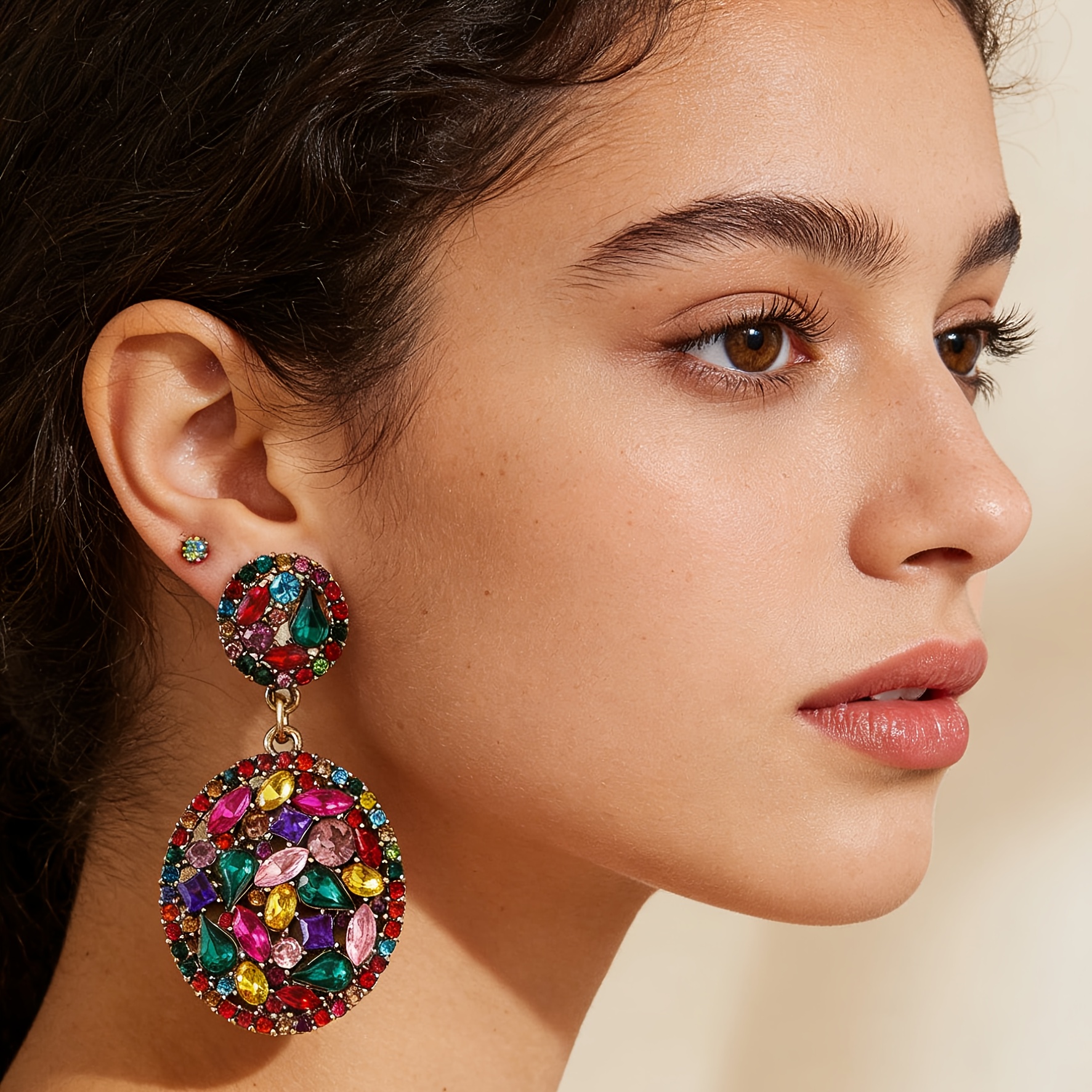 TEMU Une paire de boucles d'oreilles pendantes rondes colorées, élégantes et stylées, ornées de strass, ressemblant aux , parfaites aux fêtes et aux